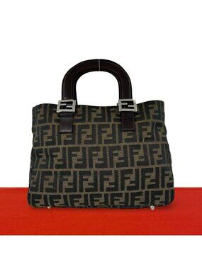 Fendi Vintage Zucca FF Pattern Canvas Leather Handbag Mini Tote Brown Black